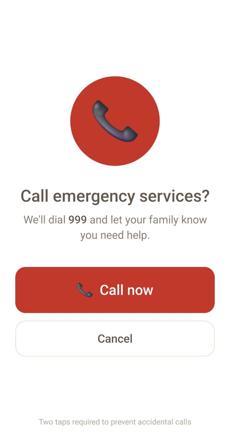 KinBeat emergency screen offering to call 999